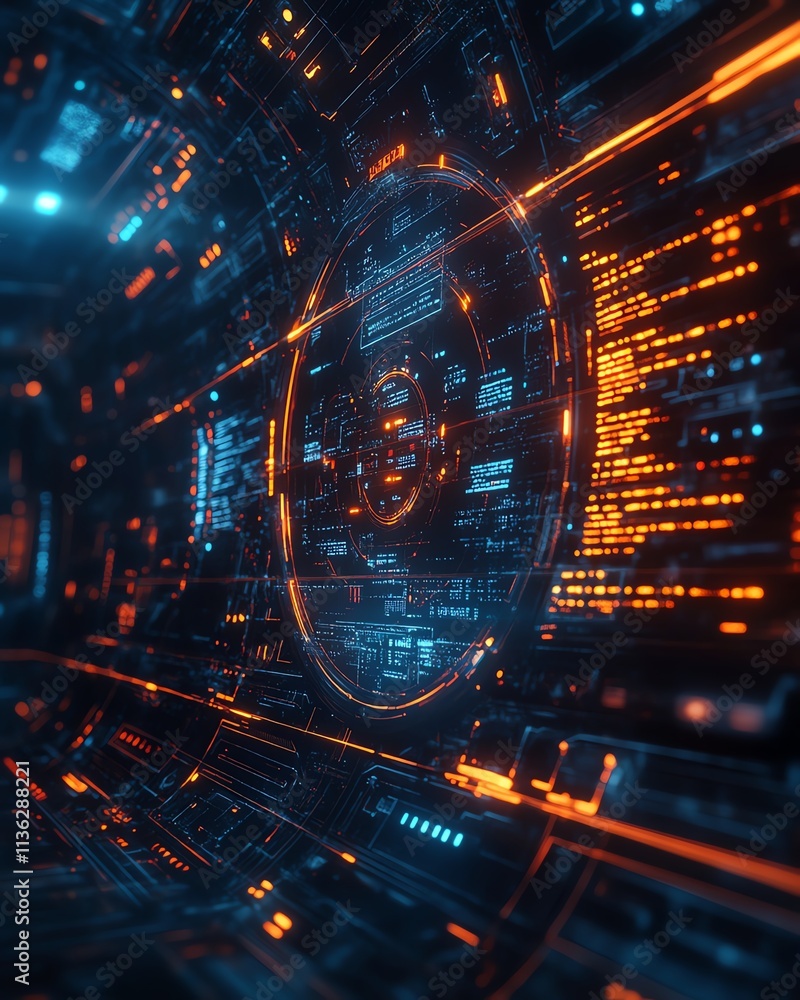 Poster advanced tech interface showcasing secure network, encrypted data streams, holographic design elemen