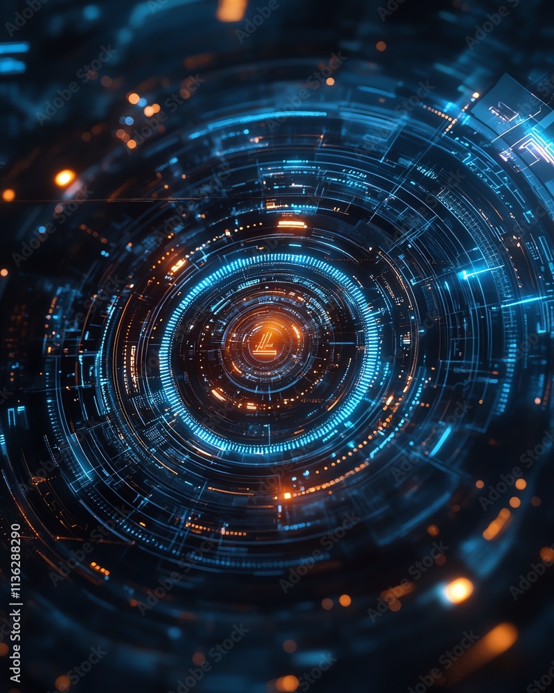Poster advanced tech interface showcasing secure network, encrypted data streams, holographic design elemen