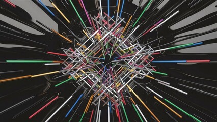 Abstract Colorful Metal Rods Pattern on Black Background, Modern Geometric Design for Tech, Art, and Wallpaper