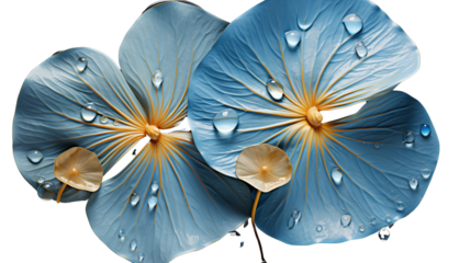 A vibrant watercolor of Elephant Ear leaves with golden and blue hues and dewy water drops, isolated on transparent background.