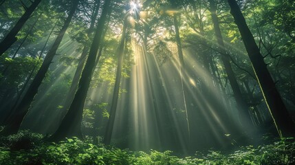 Fototapeta premium A vibrant forest, dense, vibrant, and lush. Light is pouring in from above.