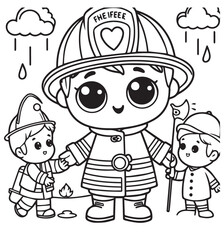 Coloring page firefighter with kids illustration