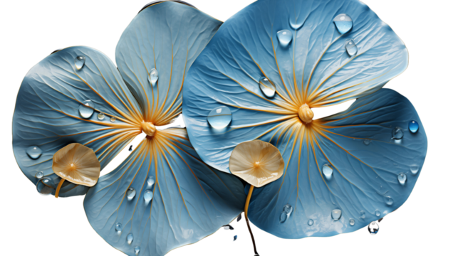 A vibrant watercolor of Elephant Ear leaves with golden and blue hues and dewy water drops, isolated on transparent background.