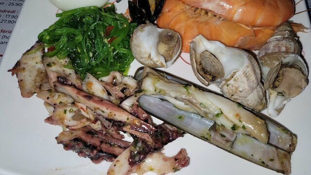 Assiette de  fruits de mer avec couteaux, poulpe, saumon, &oelig;uf, algues et bulots