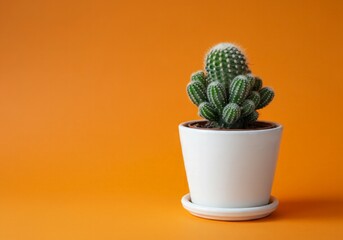 A Small Cactus in a Clean White Pot against Orange Background
