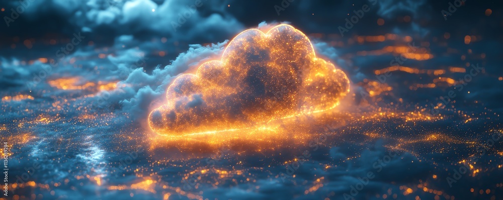 Poster cloud icon in a digital holographic interface, blue and golden light patterns, futuristic web techno