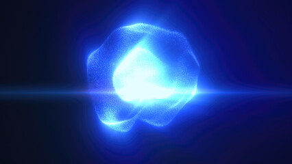Abstract blue light particles forming a soft sphere shape against a dark background, emitting a radiant glow