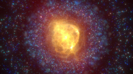 Obraz premium A golden, luminous nebula sphere with surrounding star-like particles in a cosmic space scene, exuding warmth and mystique background