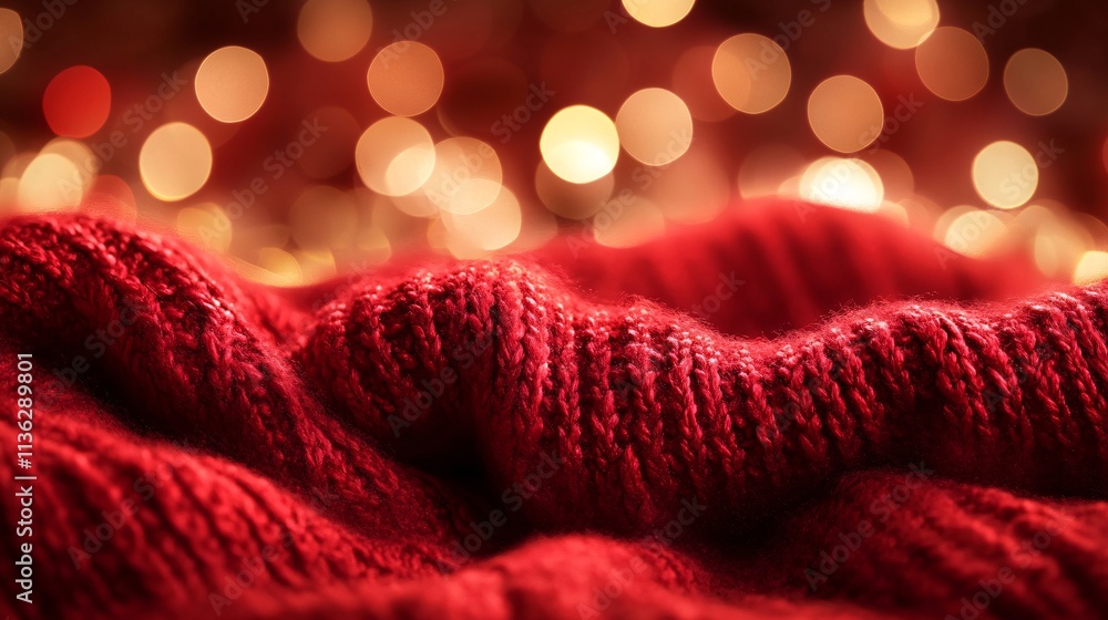 Poster red knitted wool fabric creating warm christmas atmosphere with golden bokeh lights