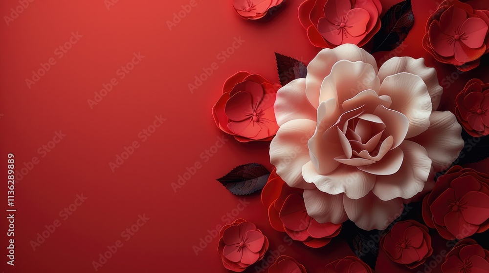 Aufkleber Red roses flower on red background. copy space. top view. creating a romantic atmosphere.