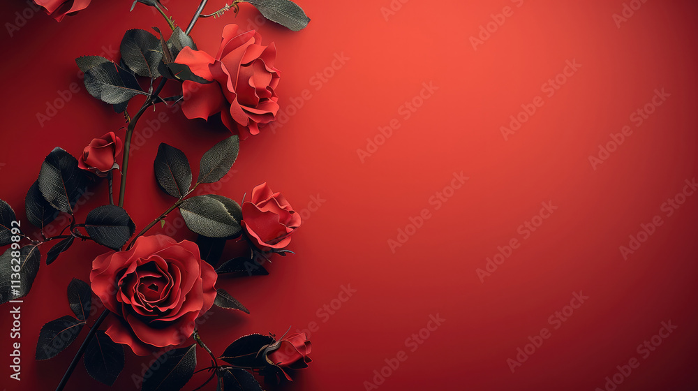 Poster red roses flower on red background. copy space. top view. creating a romantic atmosphere.