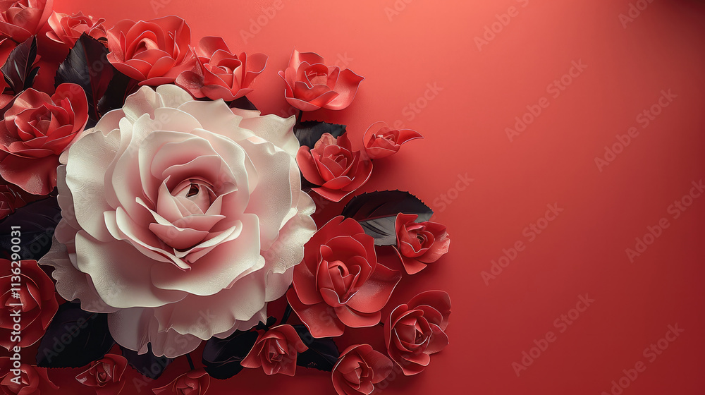 Poster red roses flower on red background. copy space. top view. creating a romantic atmosphere.