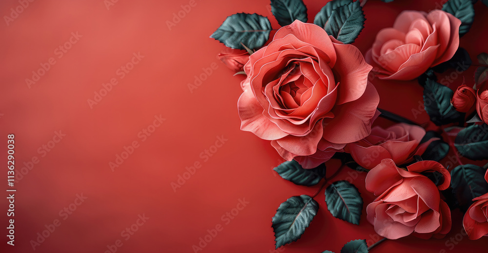 Aufkleber red roses flower on red background. copy space. top view. creating a romantic atmosphere.
