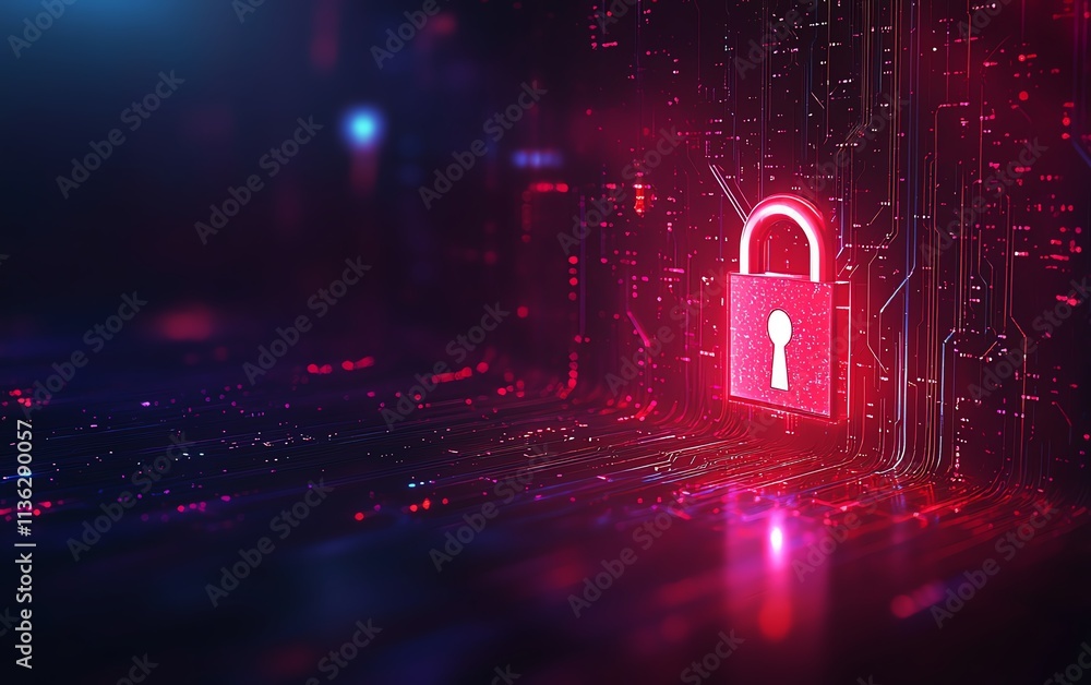Poster digital interface showcasing a secure network, advanced tech protocols with glowing encryption, futu