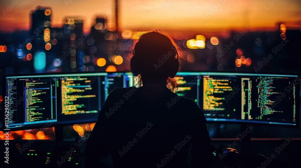 Aufkleber a person working on multiple screens with code during a vibrant sunset in a cityscape.