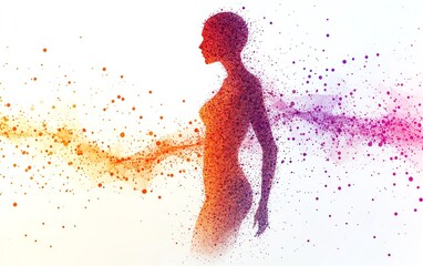 Dynamic human outline made of multicolored dots and intersecting lines, clean white background, modern digital art