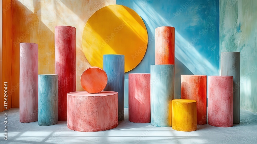 Poster abstract composition of colorful cylinders and circular shapes in a bright studio setting, featuring