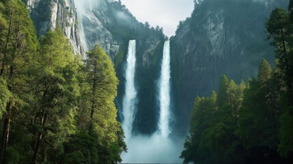 Water-falls surrounded by lush green trees and steep cliffs