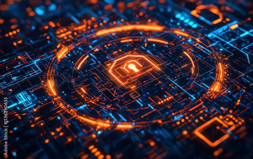 Poster futuristic digital interface with secure network protocols, hightech encryption symbols, glowing lin