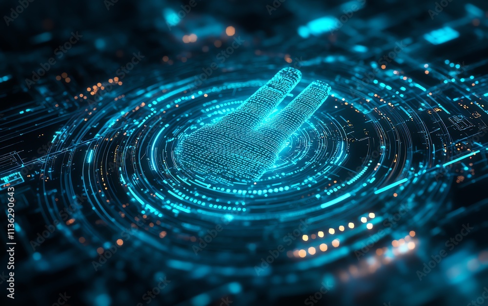 Poster futuristic digital interface with secure network protocols, hightech encryption symbols, glowing lin