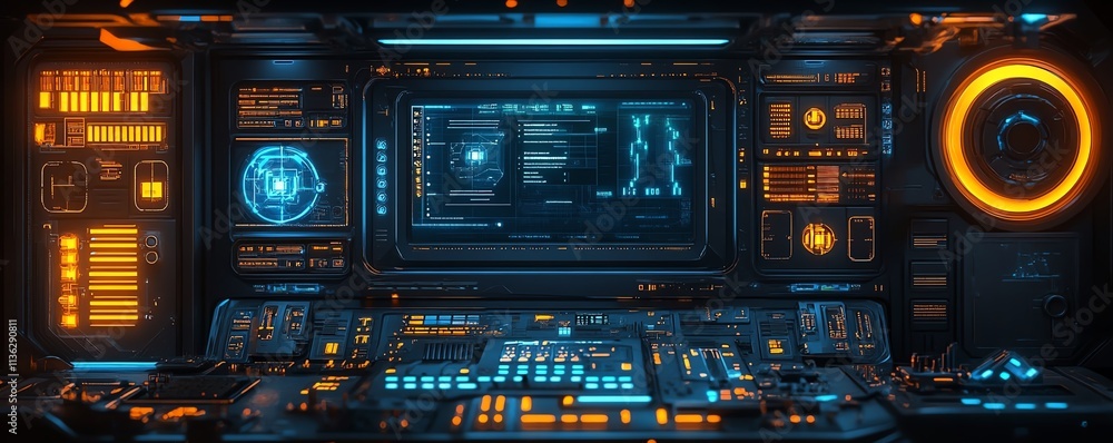 Poster futuristic interface displaying secure network protocols, glowing tech elements, hightech digital se
