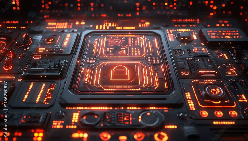 Poster futuristic secure network interface with advanced protocols, glowing digital locks and encryption sy