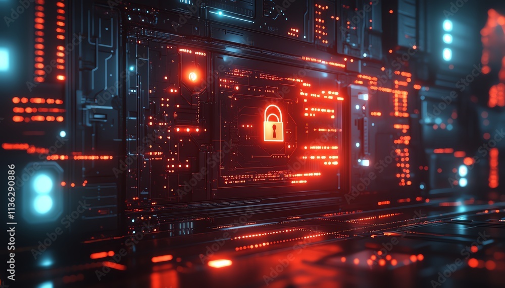 Poster futuristic secure network interface with advanced protocols, glowing digital locks and encryption sy
