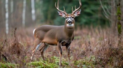 A majestic deer stands regally in a misty forest clearing, framed by tall trees and muted foliage.
