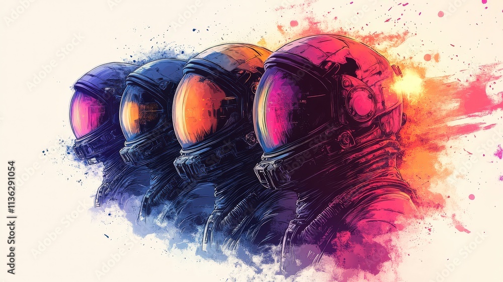 Poster vibrant colors and unique styles showcase four astronaut helmets displaying different shades of cosm