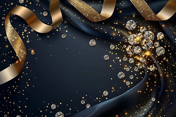 Elegant Blue Satin Background with Glittering Diamonds and Ribbons