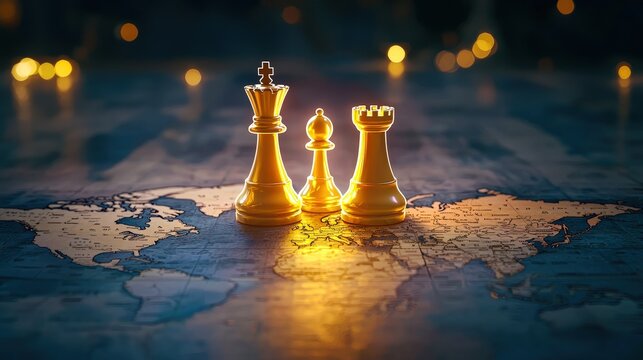 A close-up of illuminated chess pieces on a world map, symbolizing strategy and global competition.