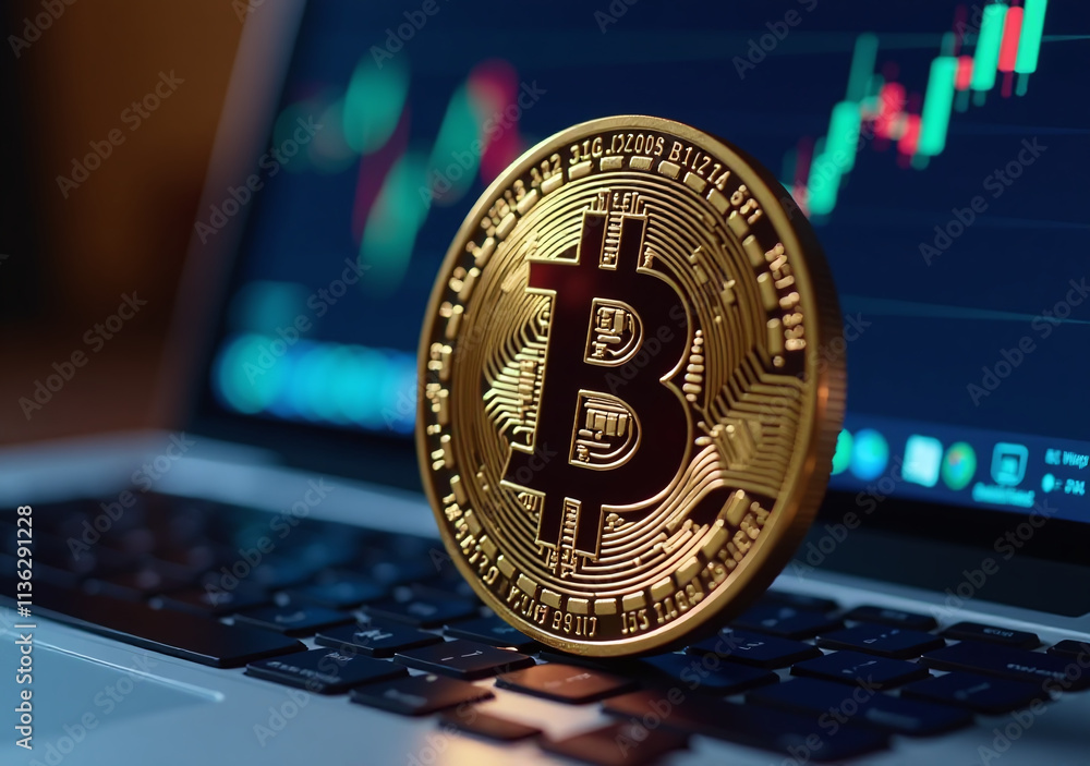 Poster bitcoin coin appears digital computer screen virtual money displayed graphical