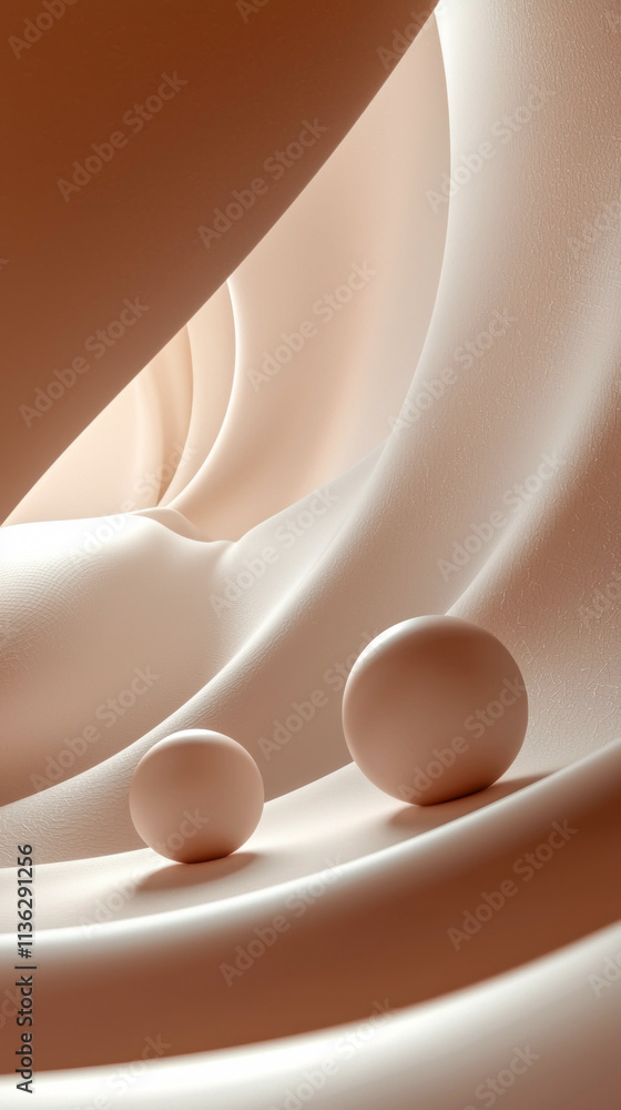Poster a close up of two small spheres on a white background. the color of the year mocha mousse