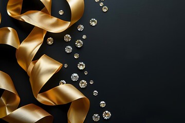 Elegant Golden Ribbon and Sparkling Gems on Black Background