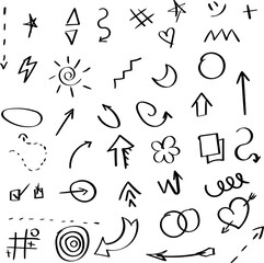 The image contains a variety of hand-drawn doodles and symbols, including arrows, geometric shapes, hearts, stars, spirals, and other abstract shapes scattered randomly on a white background.
