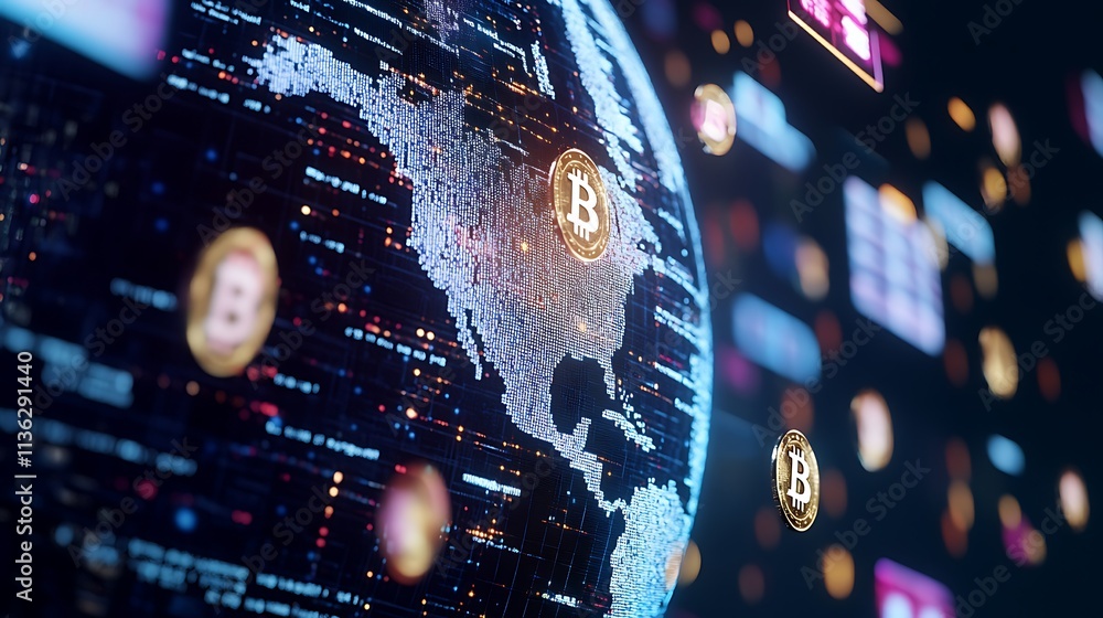 Poster exploring the future of cryptocurrency with floating bitcoin coins
