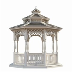 Obraz premium Octagonal gazebo with white wooden structure and gray roof tiles isolated on white background
