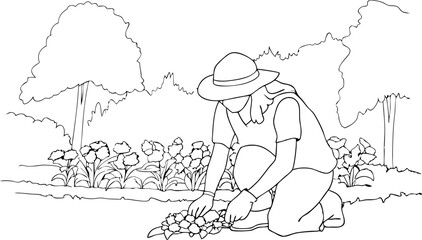 Continuous Black Line Art Drawing Of A Gardener Planting Plants For Saving Earth. Global Earth Day.