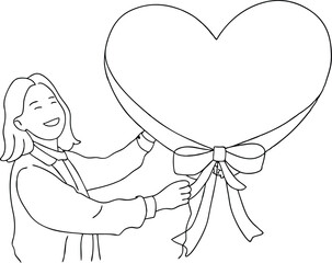 A Girl Holding Heart Shaped Balloon For Valentines Day Continuous One Line Art Drawing Illustration
