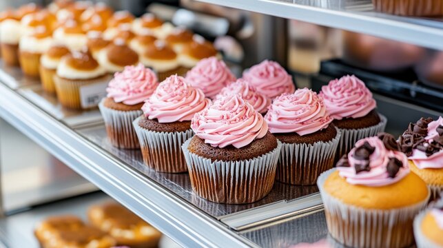 A delicious array of cupcakes topped with pink frosting is neatly displayed at a vibrant charity bake sale.