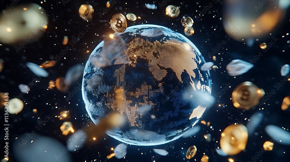 Poster exploring the future of cryptocurrency with floating bitcoin coins