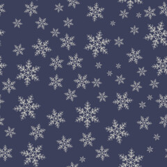 Delicate snowflakes of various sizes and designs fill a deep blue background, evoking a winter wonderland. This pattern captures the essence of the snowy season. Seamless pattern