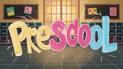 Colorful Preschool Chalkboard Illustration, Fun Back to School Design