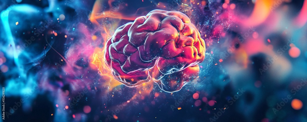 Poster human brain floating in colorful abstract smoke and light particles