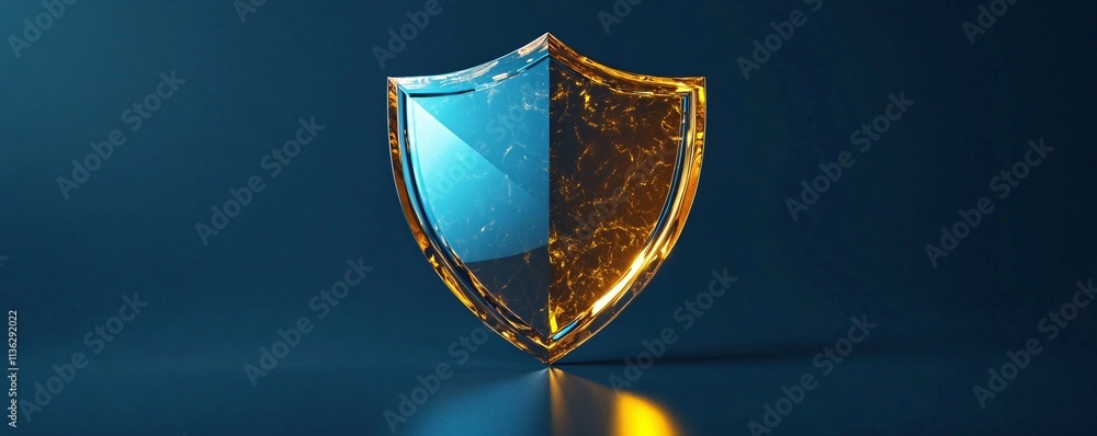 Poster glass and gold shield protecting against attacks on dark background