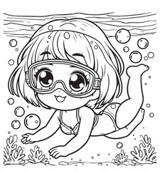 Coloring page design education girl diving 
