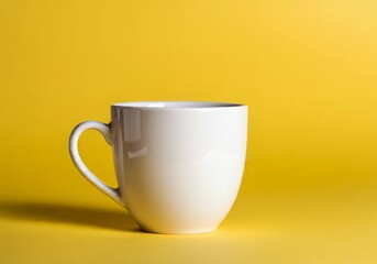 A single white coffee mug centered on a bright yellow background, highlighting simplicity and contrast