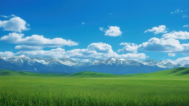 Vast grassland, green and blue sky background