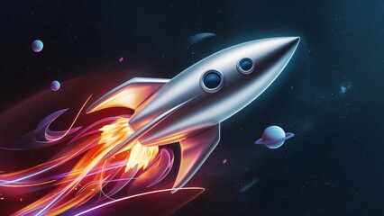 Obraz premium Retro Rocket Ship Launching into Space, Colorful Cosmic Background