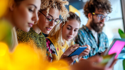 Un groupe de jeunes professionnels utilise leurs smartphones, concentrés et entourés d'une ambiance colorée et créative
